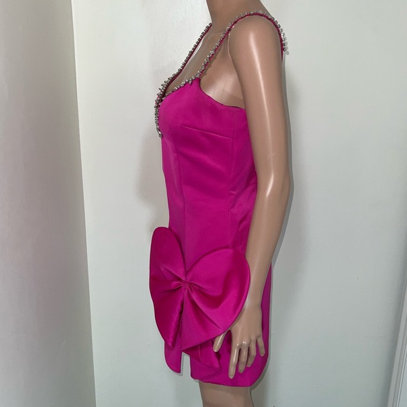 AREA NYC Hot Pink Bow Crystal Silky Mini Dress - Picture 7 of 13